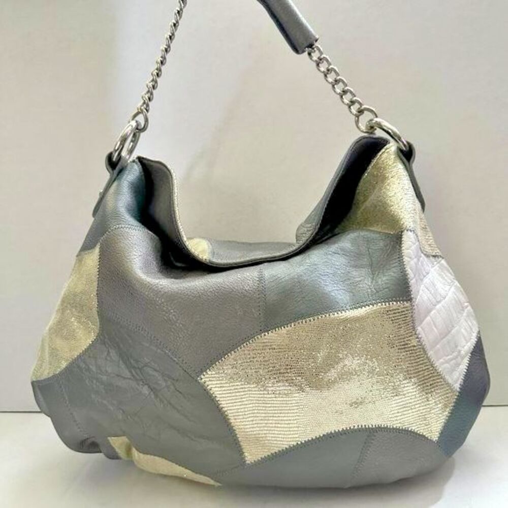 CHI by Carlos Falchi Leather Patchwork Hobo Bag Silver Metallic Slouchy Purse